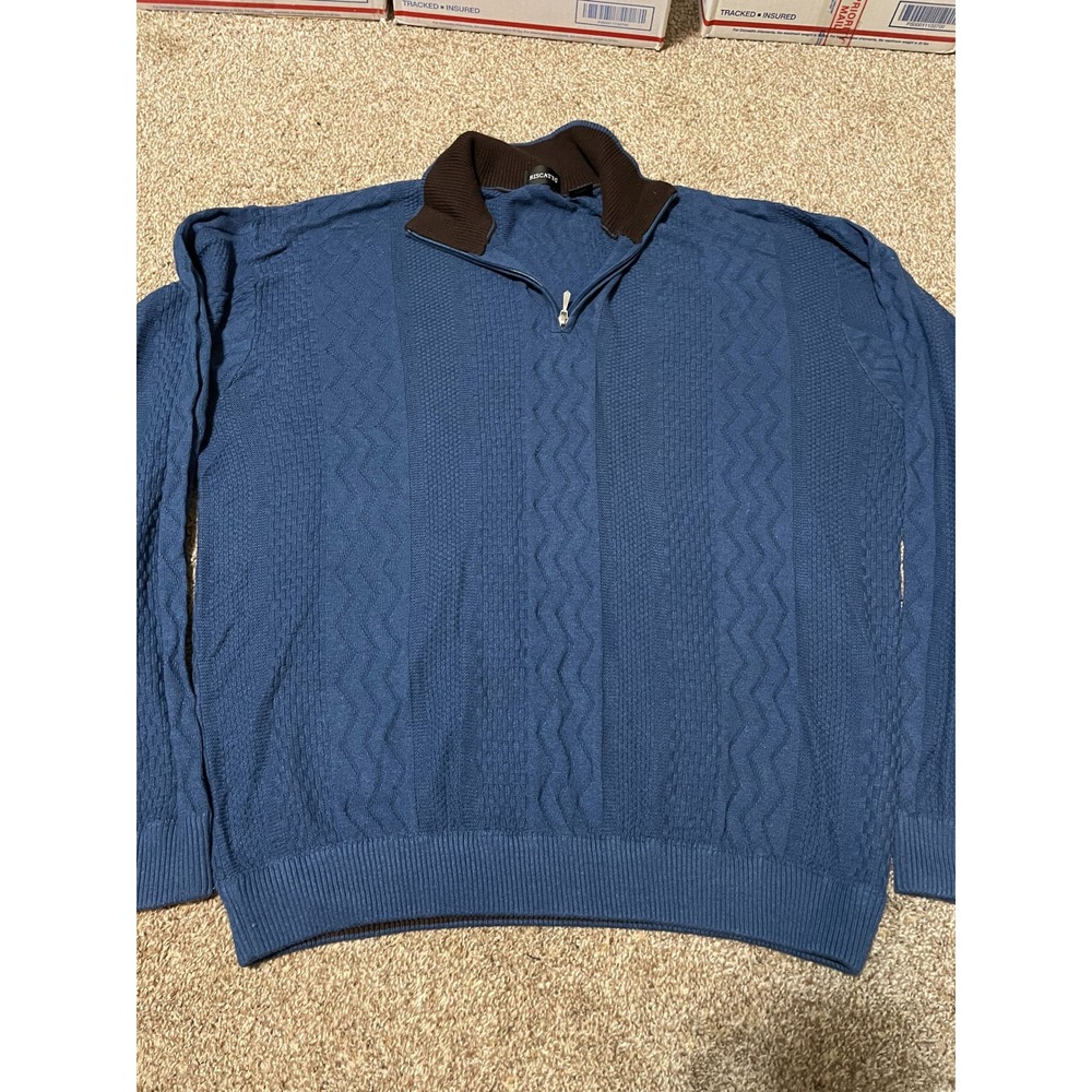 Riscato Mens Blue Textured Quarter Zip Silk Cotton Blend Sweater XXL